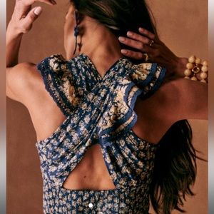Sezane Arabelle top tank crossback ruffle blue floral 34 4 new with tags NWT